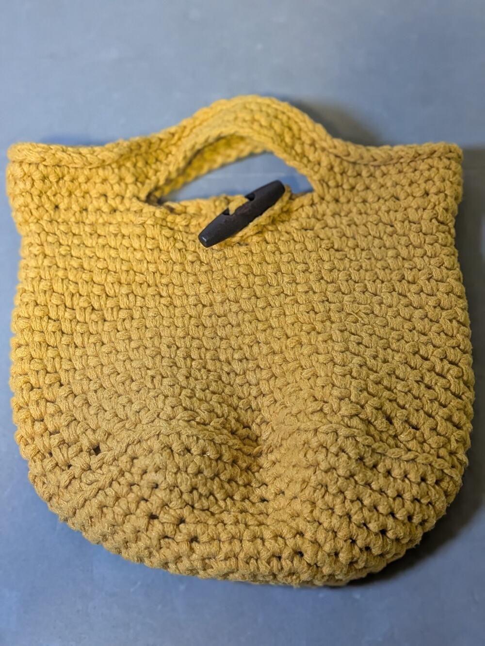 Handmade Crochet Chunky Knit Tote Bag Mustard Yellow Wood Toggle Button